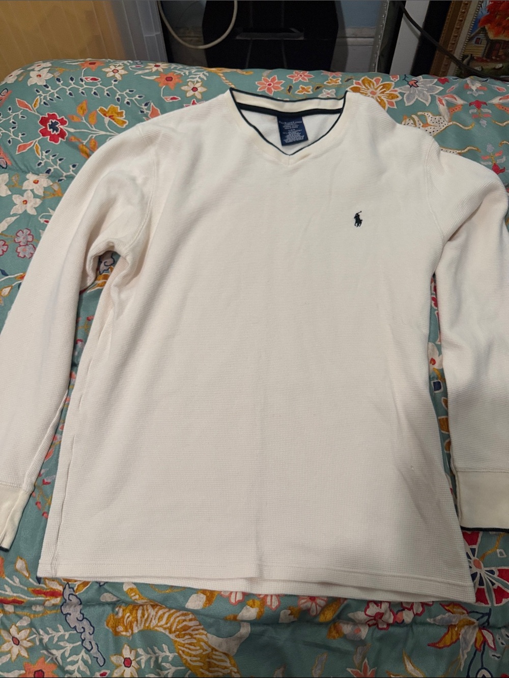 Polo by Ralph Lauren Cream V-Neck Long-Sleeve Sweater with Navy Trim